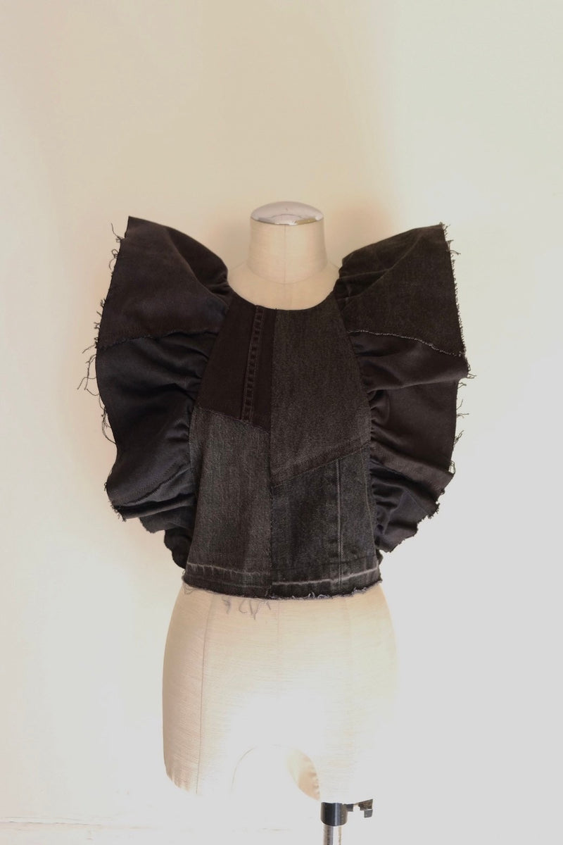 denim frill backless top