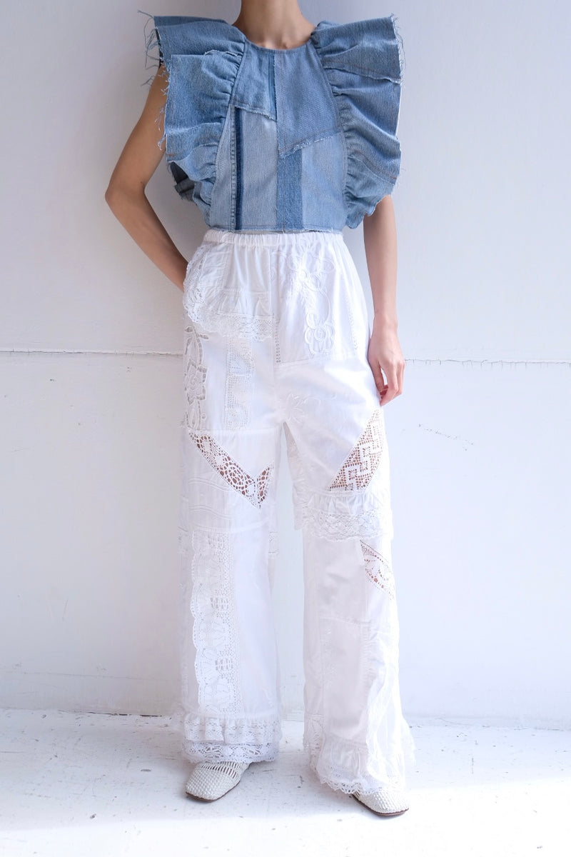 denim frill backless top