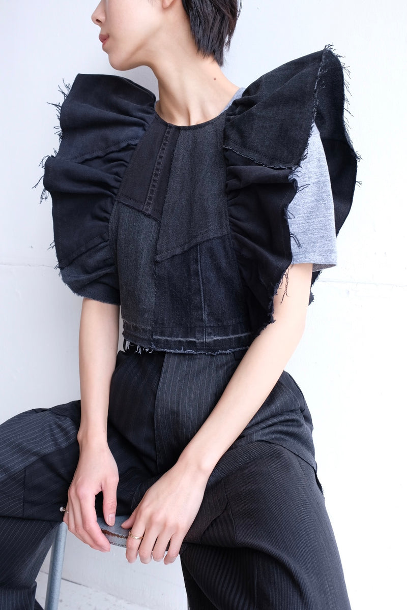 denim frill backless top