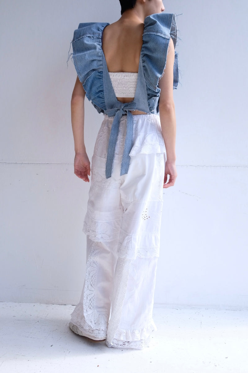 denim frill backless top
