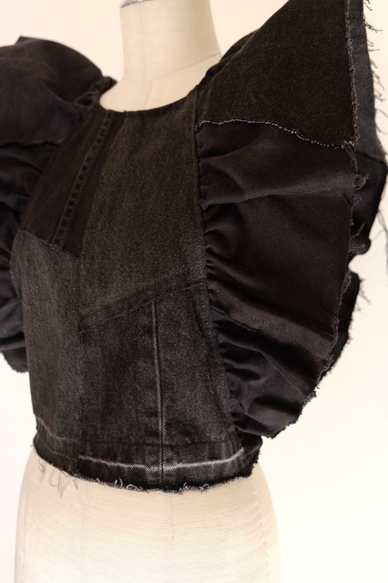 denim frill backless top