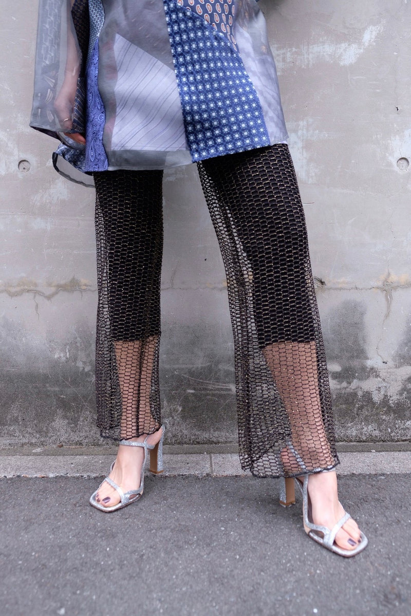 gold lame mesh leggings